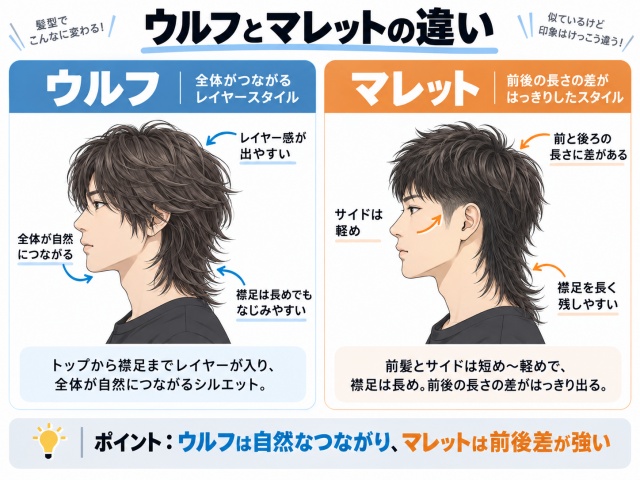 ウルフカットとマレットヘアの違いを比較したイメージ図