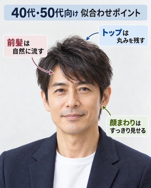 40代・50代向けの堺雅人風ヘアの参考画像。AI生成の一般男性モデルを使い、前髪を自然に流す、トップの丸みを残す、顔まわりをすっきり見せる3つの調整ポイントを矢印で示している。