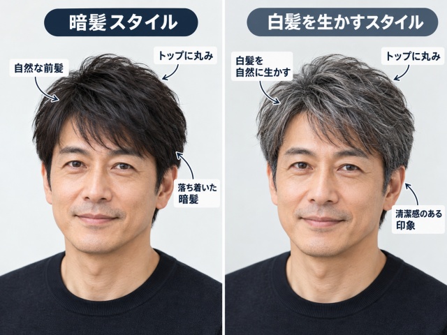 堺雅人風ナチュラルショートをベースに、暗髪スタイルと白髪を生かしたスタイルを比較したAI参考画像。前髪の流れ、トップの丸み、白髪のなじませ方の違いを注釈で示している。
