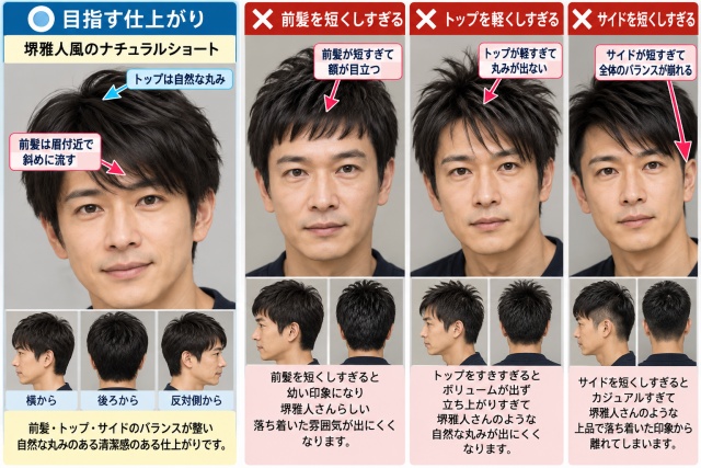 堺雅人風ヘアの目指す仕上がりと避けたい仕上がりを比較したAI画像。前髪の長さ、トップの丸みと重さ、サイドの長さの違いを正面・横・後ろの画像と注釈で示している
