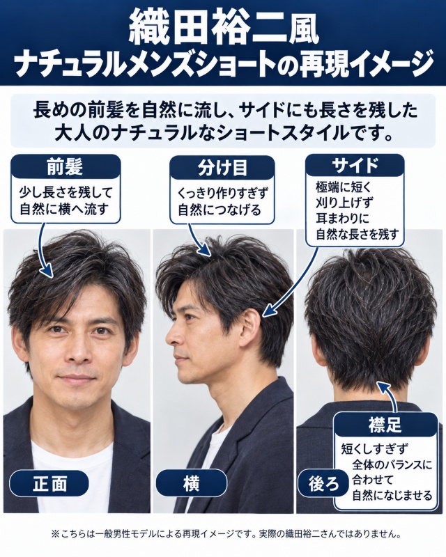 織田裕二風ナチュラルメンズショートの再現イメージ。前髪・分け目・サイド・襟足の特徴を正面・横・後ろから示した画像