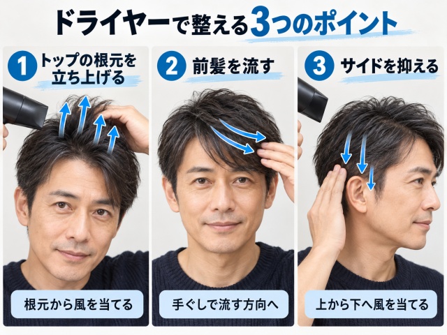 堺雅人風ナチュラルショートを自宅でセットするためのドライヤーの使い方を示したAI参考画像。一般男性モデルを使い、トップの根元を立ち上げる、前髪を自然に流す、サイドの広がりを抑える3つの工程を矢印と注釈で説明している。