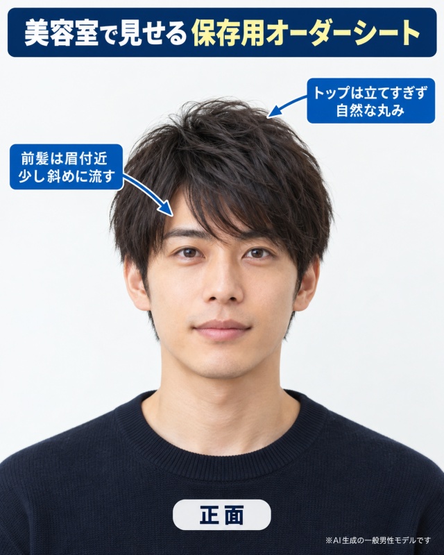 堺雅人風ナチュラルショートのAIオーダーシート正面画像。眉付近で斜めに流す前髪と自然なトップの丸みを矢印で表示