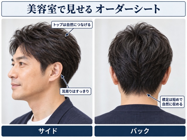 堺雅人風ナチュラルショートのAIオーダーシート。左にサイド、右にバックの画像を配置し、トップは自然につなげる、耳周りはすっきり、襟足は短めで自然に収めるポイントを矢印で示した画像