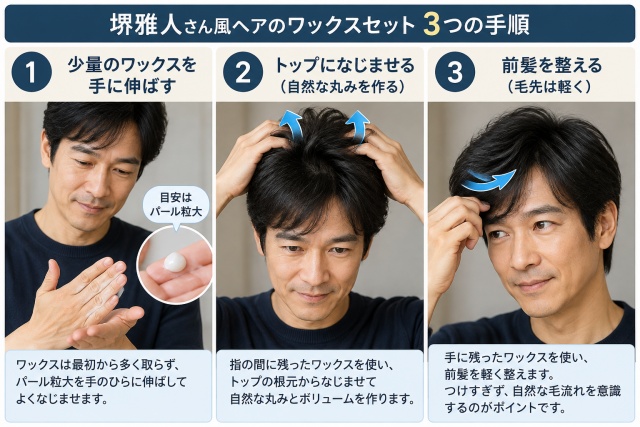 堺雅人風ナチュラルショートをワックスでセットする3つの手順を示したAI参考画像。一般男性モデルを使い、少量のワックスを手のひらに伸ばす、トップの根元になじませて自然な丸みを作る、前髪を軽く整えて毛流れを出す工程を写真と矢印で説明している。