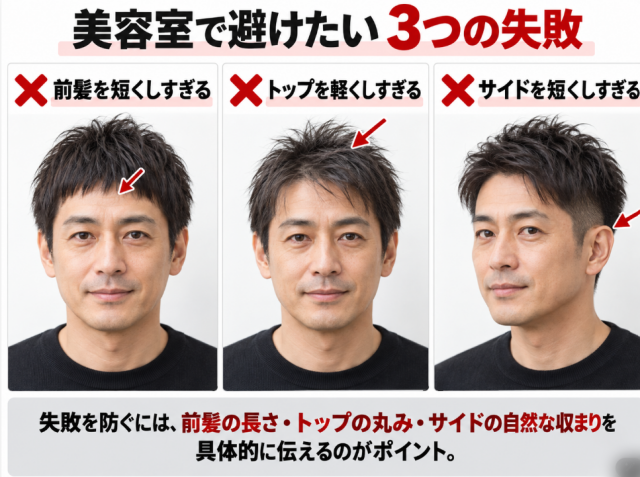 堺雅人風ヘアを美容室でオーダーするときに避けたい3つの失敗を示した画像。前髪を短くしすぎる、トップを軽くしすぎる、サイドを短くしすぎる例を一般男性モデルで解説している