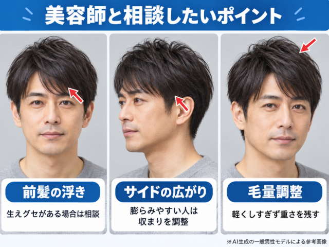 堺雅人風ヘアを再現した一般男性モデルの参考画像。前髪の浮き、サイドの広がり、毛量調整の3つの相談ポイントを正面・横顔・斜め前から注釈で示したオーダー用画像