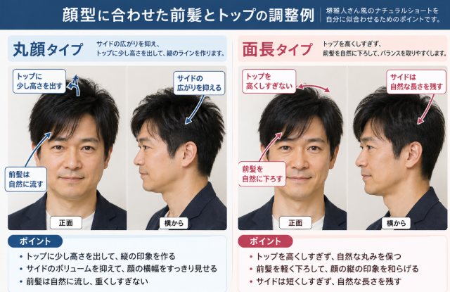 丸顔と面長の一般男性モデルを並べた比較画像。堺雅人風ナチュラルショートをベースに、丸顔は前髪をやや流して縦のラインを意識し、面長は前髪を下ろし気味にしてトップの高さを抑える調整ポイントを注釈で示したAI参考画像