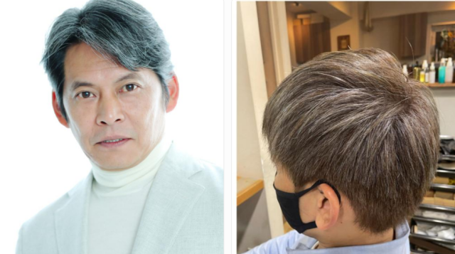 織田裕二さんの自然な白髪と一般男性の白髪ぼかし施術例を左右に並べた比較画像