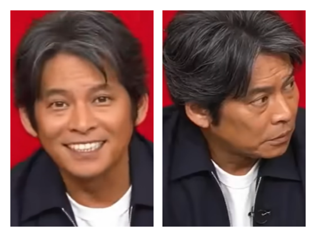 2026年の織田裕二さんの正面と横顔の画像。前髪の流れ、分け目、サイドの長さが分かる